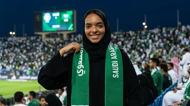 مشجعة كرة قدم سعودية بالعباءة والوشاح الأخضر في الملعب