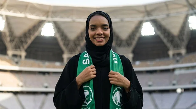 مشجعة سعودية بالعباءة والوشاح الأخضر في الملعب الرياضي