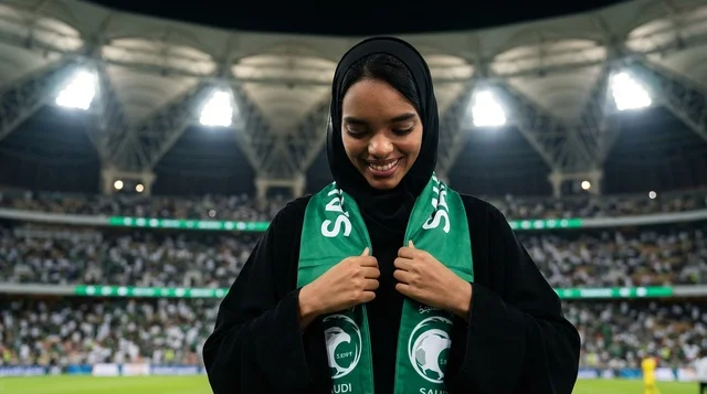 مشجعة سعودية تحمل وشاح المنتخب الأخضر في الملعب ليلا