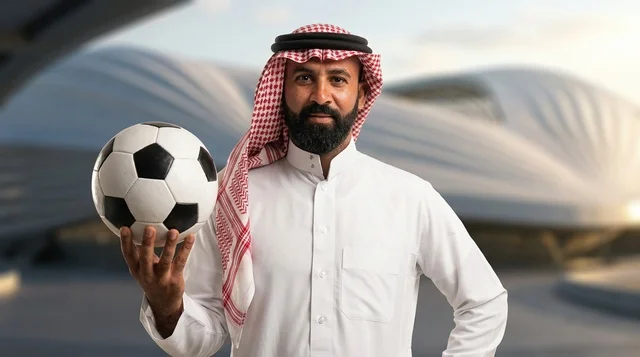 رجل سعودي بالثوب والشماغ يحمل كرة قدم في الملعب
