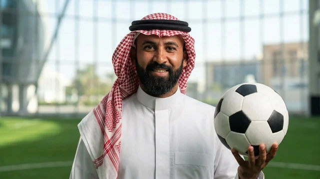 رجل سعودي يرتدي الثوب والشماغ يحمل كرة قدم بالملعب