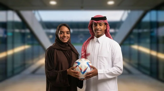 شاب وفتاة قطريين يحملان كرة قدم في ممر الاستاد