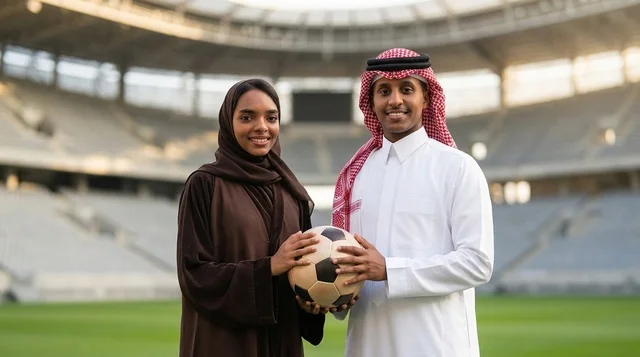 زوجان سعوديان بالزي التقليدي يحملان كرة قدم بالملعب