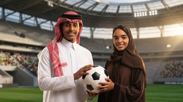 Saudi Man and Woman Holding Soccer Ball in Stadium