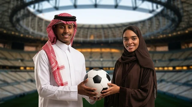 شاب وفتاة سعوديان يمسكان بكرة قدم داخل ملعب
