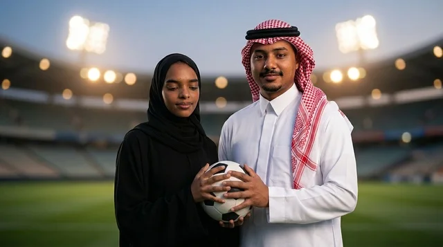 زوجان سعوديان بالزي التقليدي يحملان كرة قدم في الملعب