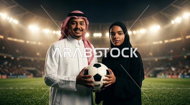 شاب وفتاة سعوديان بزي رسمي يحملان كرة قدم بالملعب