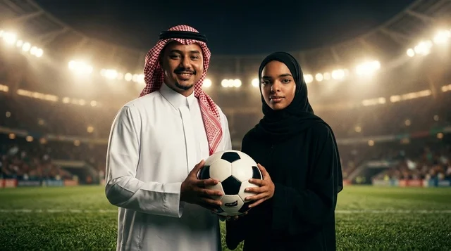 A young Saudi man and woman in formal attire holding a soccer ball on the field.