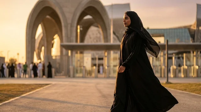 امرأة سعودية بالعباءة السوداء تمشي في الهواء الطلق
