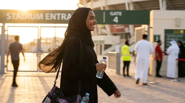 امرأة عربية خليجية بالعباءة تسير عند الملعب وقت الغروب