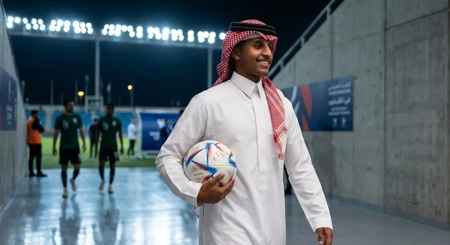 Saudi Man in Traditional Thobe Holding Football in Stadium Tunnel