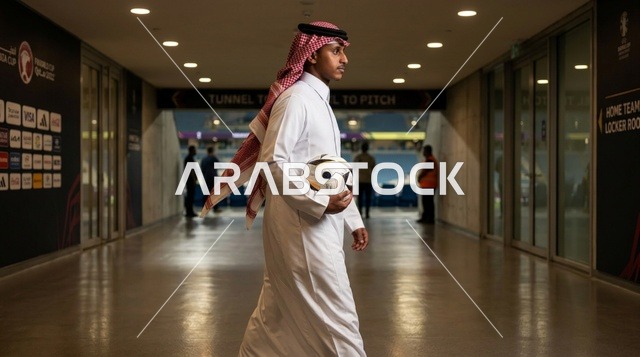 رجل قطري بالثوب التقليدي يحمل كرة قدم في نفق الملعب