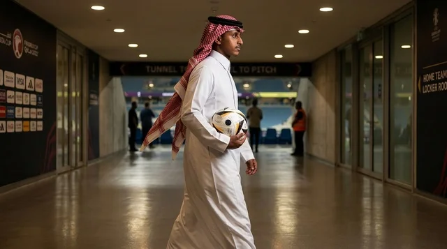 رجل قطري بالثوب التقليدي يحمل كرة قدم في نفق الملعب