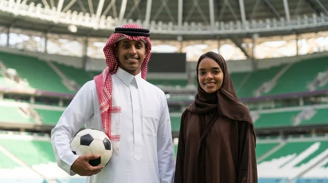 رجل وامرأة سعوديان في ملعب كرة القدم بالزي التقليدي