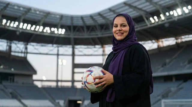 امرأة عربية بالعباءة والحجاب تحمل كرة قدم في ملعب رياضي امرأة عربية بالعباءة والحجاب تحمل كرة قدم في ملعب رياضي