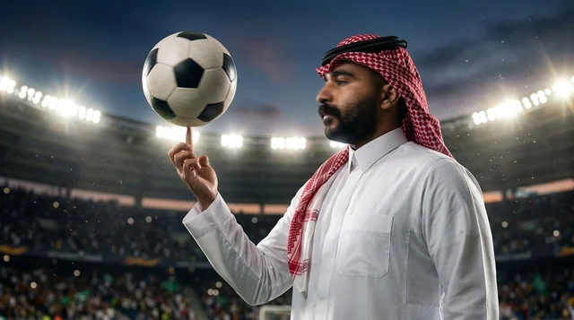 رجل سعودي يوازن كرة القدم على إصبعه في الملعب ليلا