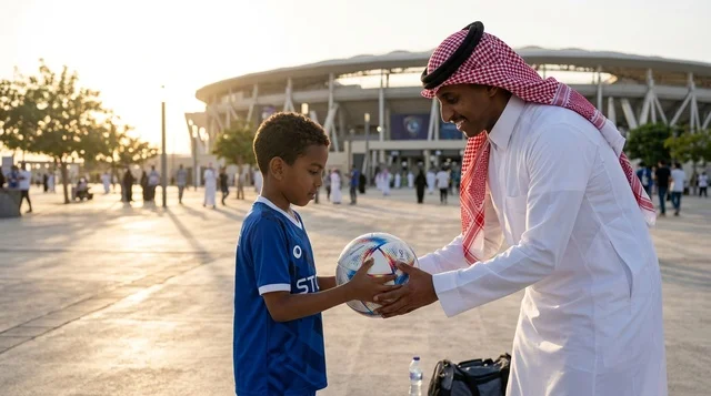 أب سعودي يرتدي الثوب التقليدي مع ابنه خارج الملعب الرياضي