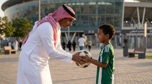 رجل سعودي يمرر كرة القدم لطفل خارج الاستاد الرياضي