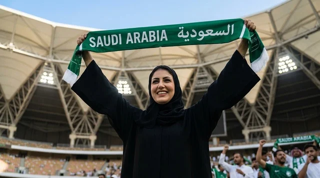 امرأة سعودية بالعباءة ترفع وشاح السعودية في الملعب