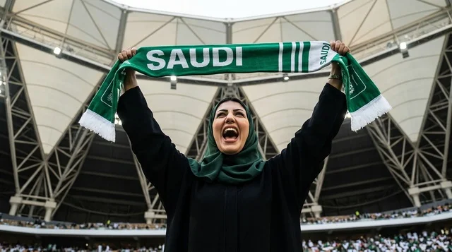 مشجعة سعودية بالعباءة والحجاب تحتفل في الملعب