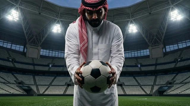 رجل سعودي يمسك بكرة القدم داخل ملعب رياضي ليلاً