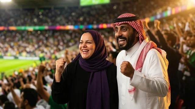زوجان سعوديان يشجعان في ملعب كرة القدم زوجان سعوديان يشجعان في ملعب كرة القدم