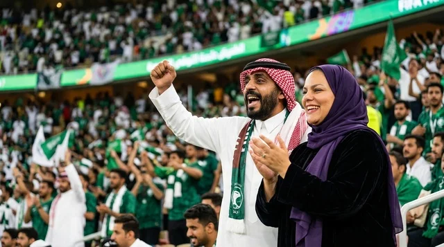 A Saudi couple cheering in a football stadium. A Saudi couple cheering in a football stadium.
