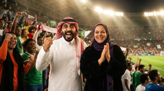 زوجان سعوديان يشجعان بحماس في ملعب كرة قدم ليلا