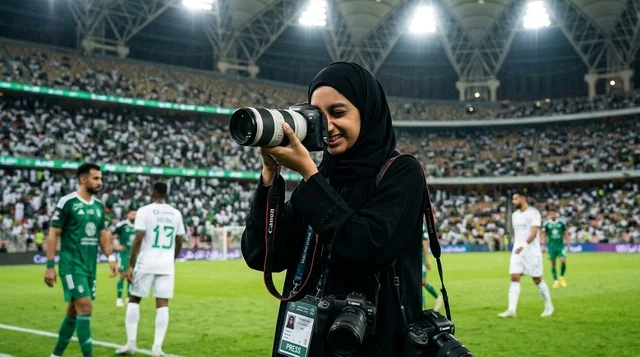 Saudi Female Photographer at Football Stadium Match