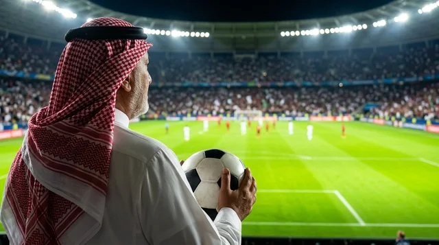رجل سعودي بالزي التقليدي يحمل كرة قدم في الملعب الرياضي