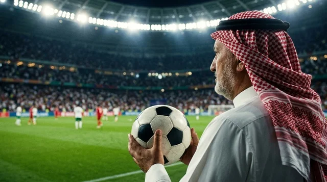 رجل سعودي يحمل كرة قدم داخل استاد رياضي