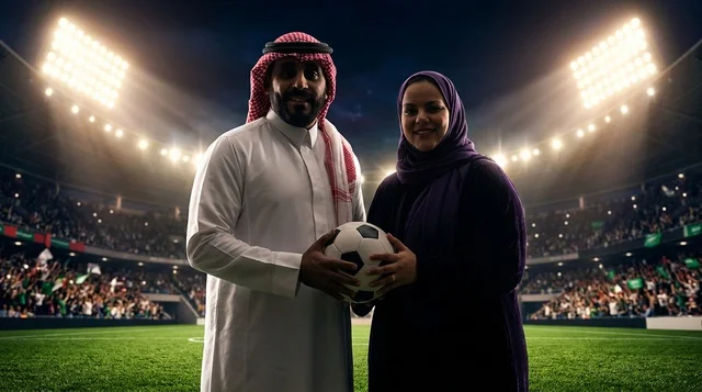 زوجان سعوديان بالزي التقليدي يحملان كرة قدم في الملعب