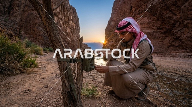 رجل سعودي يثبت كاميرا مراقبة الحياة البرية في الوادي