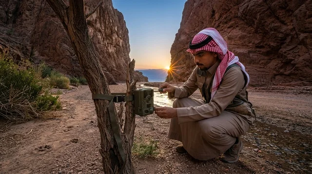 رجل سعودي يثبت كاميرا مراقبة الحياة البرية في الوادي