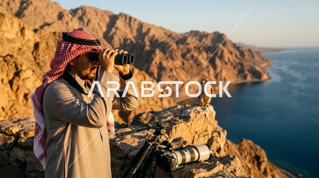رجل سعودي بالمنظار على قمة جبلية مطلة على البحر