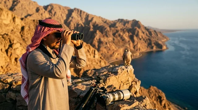 رجل سعودي بالمنظار على قمة جبلية مطلة على البحر