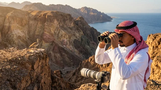 رجل سعودي بالزي التقليدي يراقب الطبيعة بالمنظار
