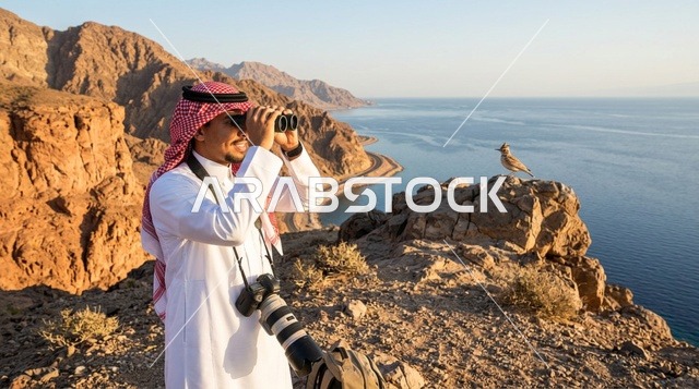 رجل سعودي بالزي التقليدي يراقب الطبيعة بالمنظار