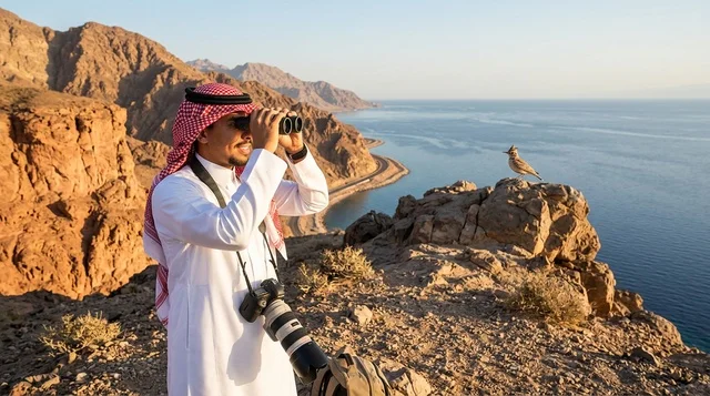 A Saudi man in traditional attire is observing nature with binoculars.