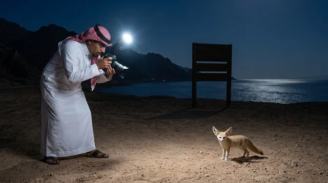 مصور سعودي يلتقط صورة لثعلب الفنك ليلاً