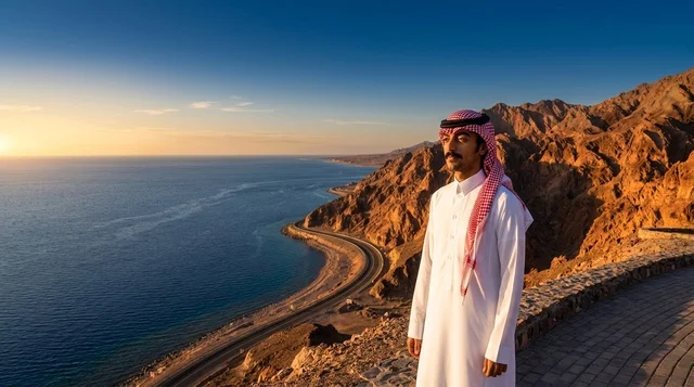 Saudi Man in Traditional Thobe at Coastal Mountain Sunset