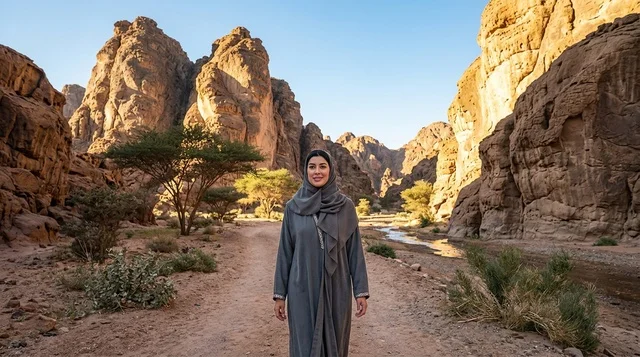 Saudi Woman in Grey Abaya at Desert Canyon