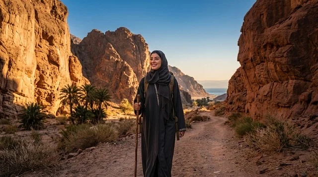 A Saudi woman in an abaya is looking through binoculars by the sea.