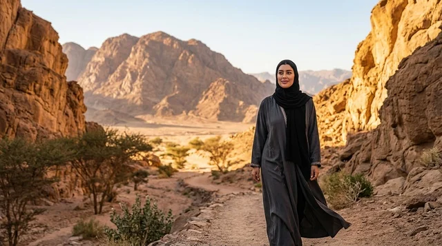 امرأة سعودية ترتدي العباءة تمشي بين الجبال الصحراوية