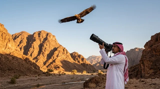 Saudi Photographer with Telephoto Lens Shooting Eagle
