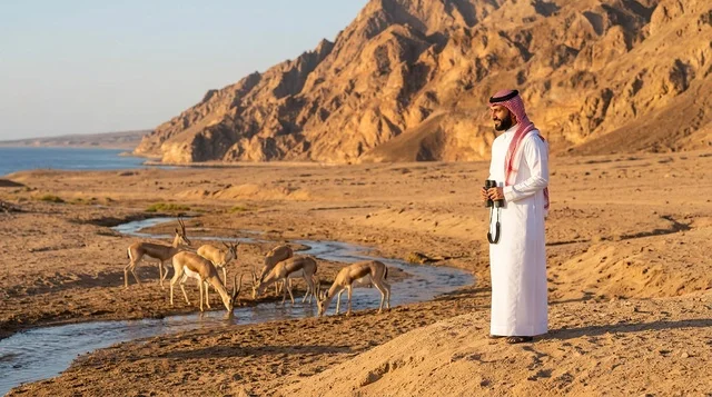 رجل سعودي يرتدي الثوب التقليدي يراقب الغزلان في الصحراء