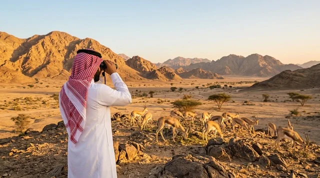 Saudi Man Watching Gazelles in Desert with Binoculars