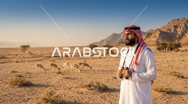 رجل سعودي بالثوب والشماغ في الصحراء مع الغزلان