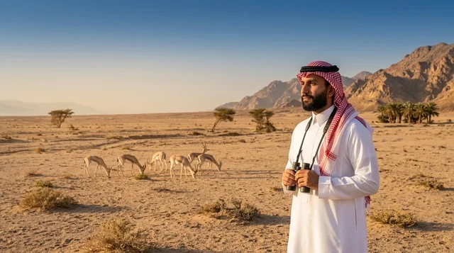 رجل سعودي بالثوب والشماغ في الصحراء مع الغزلان