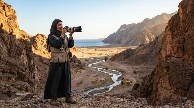 مصورة عربية تحمل كاميرا احترافية في وادٍ جبلي